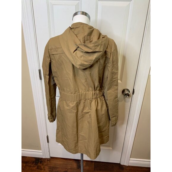 Tory Burch Long Brown Hooded Trench Coat W/ Ruffle Front, Size 6 - Picture 5 of 6